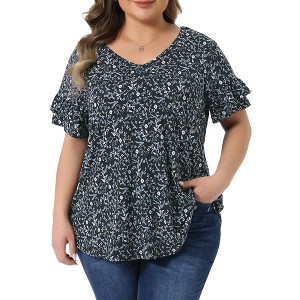 Women's Plus Size Floral V Neck Ruffle Sleeve Summer Casual Blouses - Agnes Orinda - 1 of 4