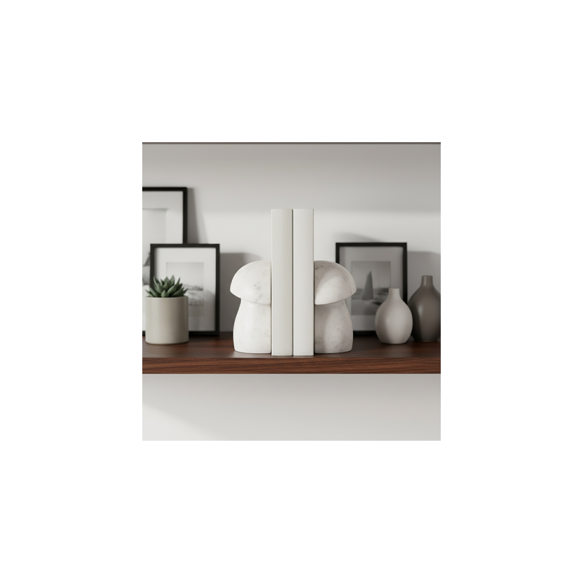 Decorative Mushroom Marble Bookends - Modern Elegant Book Ends for Bookshelf, Office Spaces, or Desk Decoration - Set of 2, 6", White