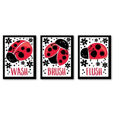 Big Dot of Happiness Happy Little Ladybug - Kids Bathroom Rules Wall Art - 7.5 x 10 inches - Set of 3 Signs - Wash, Brush, Flush