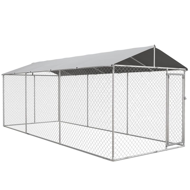 PawHut Dog Kennel, Outdoor Dog Run with Waterproof, UV Resistant Roof for Large-Sized Dogs, Silver, 1 of 7