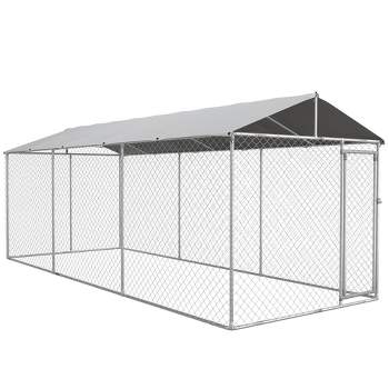 PawHut Dog Kennel, Outdoor Dog Run with Waterproof, UV Resistant Roof for Large-Sized Dogs, Silver