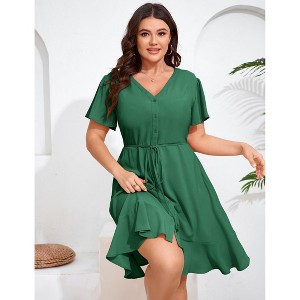 YESFASHION Women Plus Size Button Down V Neck Midi Dress Short Sleeve Ruffle Casual Summer Dress - 1 of 4