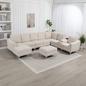 Aortzio 129.14"W L-Shaped Sectional Sofa,Indoor Furniture Convertible Modular Corduroy Sectional Sofa Set with 2 Ottomans for Living Room - 1 of 4