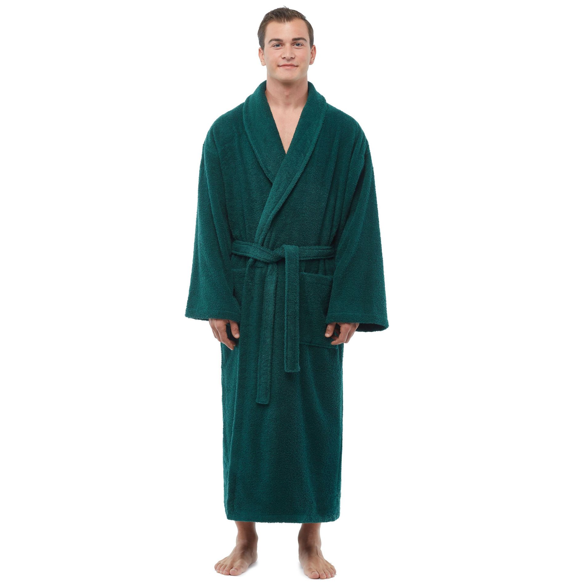 Arus Men's Mid-Calf Turkish Terry Cotton Robe, Shawl Collar Bathrobe , Forest Green , Small/Medium