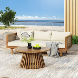 2 Piece Acacia Wood Garden Furniture Set,3 Seater Outdoor Garden Daybed Sofa with Coffee Table and Cushions,Wood Patio Lounge Set-Coolbibila - 1 of 4