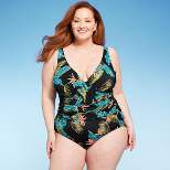 Women's UPF 50 V-Neck Ruched One Piece Swimsuit - Aqua Green® Tropical Black
