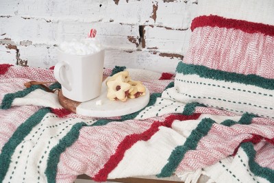 Red and Green Embroidered Cotton Square Throw Pillow
