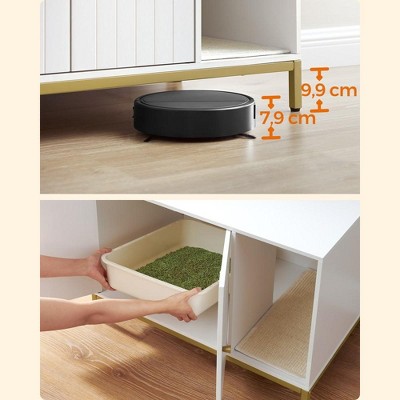 Modern White and Gold Cat Litter Box Enclosure with Scratching Mat