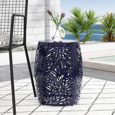 Navy Blue Powder-Coated Iron Outdoor Side Table with Tropical Palm Leaf Design
