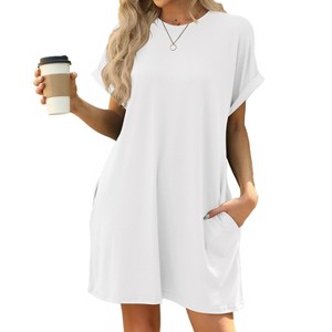 BLUEMING Womens T Shirt Dresses Crew Neck Mini Dresses Casual Short Sleeve Loose Flowy Dress with Pockets - 1 of 4