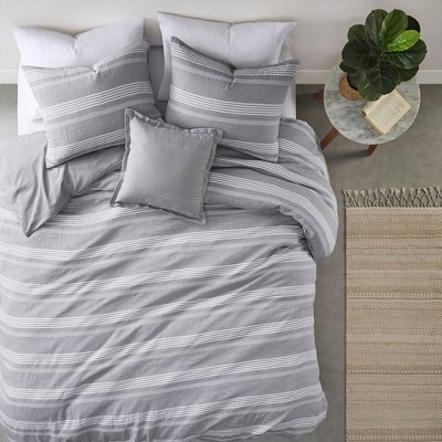 4pc Full/Queen Ansley Striped Organic Cotton Yarn Dyed Comforter Cover Set Gray - Clean Spaces