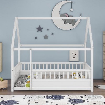 CAVINAS Twin Size Bed Frame, Wooden Bed with House Roof Frame for Children, Floor Platform Bed with Fence Guardrails