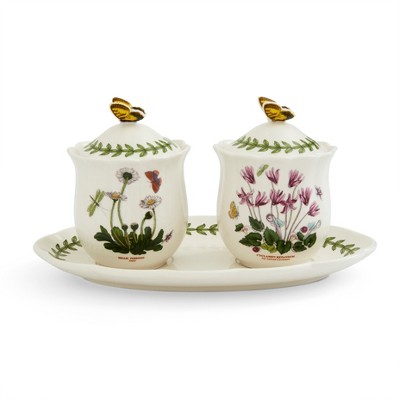 Portmeirion Botanic Garden Bouquet 3-Piece Jam Jar Set - Condiment Bowls with Lid & Tray, Assorted Floral & Butterfly Design