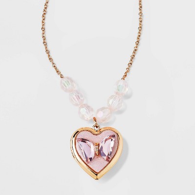 Girls' Butterfly Heart Locket Necklace - Cat & Jack™ Gold/Pink