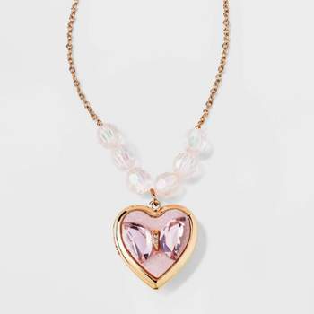 Girls' Butterfly Heart Locket Necklace - Cat & Jack™ Gold/Pink