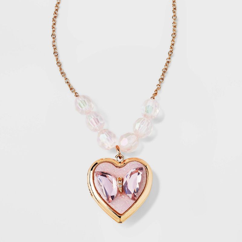 Girls&#39; Butterfly Heart Locket Necklace - Cat &#38; Jack&#8482; Gold/Pink, 1 of 8