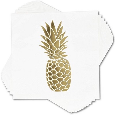 Blue Panda 50 Pack Gold Foil Tropical Pineapple Disposable Luncheon Paper Napkins 6.5" for Party Decorations