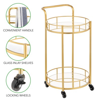 Soft Brass Round Metal Bar Cart with Glass Shelves