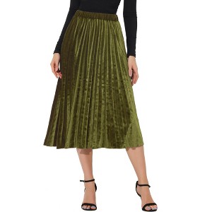 Allegra K Women's Vintage High Elastic Waist Velvet Pleated Flowy Swing Midi Skirt - 1 of 4