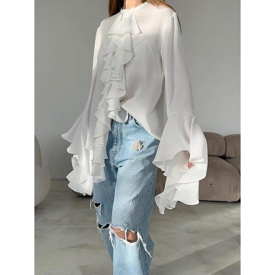 Women's Ruffle Sheer Mesh Chiffon Blouses Layered Long Bell Sleeve V Neck Dressy Shirts Going Out Top