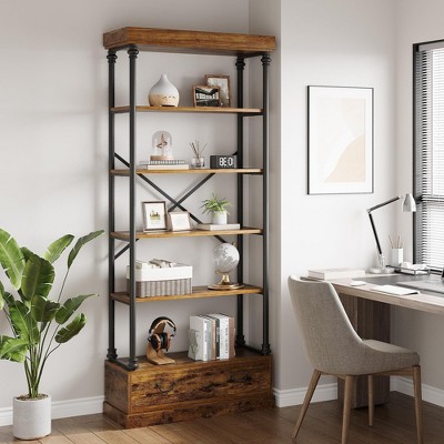 Coolmee 5 Tier Bookshelf with Storage Drawer, 81" Tall Book Shelf Bookcase w/Metal Frame, Open Bookshelf for Living Room Office Bedroom Library