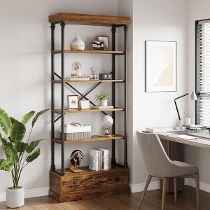 Coolmee 5 Tier Bookshelf with Storage Drawer, 81" Tall Book Shelf Bookcase w/Metal Frame, Open Bookshelf for Living Room Office Bedroom Library - 1 of 4