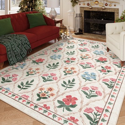 Lahome Pearl Velvet Washable Moroccan Floral Area Rug-Elegant Carpet for Living Room, Bedroom, or Office