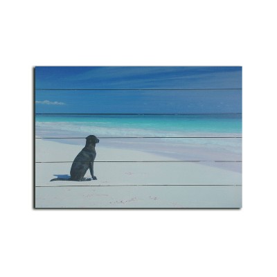 18" x 26" Dog on Beach Print on Planked Wood Wall Sign Panel Blue - Gallery 57