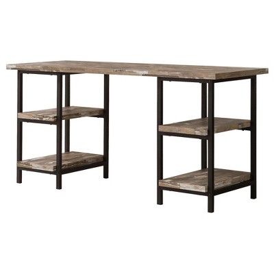 Vynxaria Industrial-Casual 4-Shelf Writing Desk - Salvaged Cabin Wood & Black Metal Legs, Double-Tier Open Shelves (Both Sides)