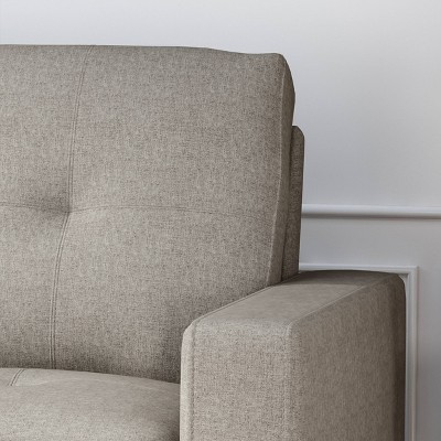 Beige Tufted Fabric Sofa with Natural Wood Legs and Sloped Arms