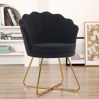 Vanity Chair with Back, Teddy Fleece Shell Accent Chair for Living Room, Criss Cross Chair with Gold Legs, Makeup Chair for Bedroom Desk Chair