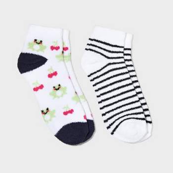 Women's 2pk Cherries & Frogs Cozy Low Cut Socks - Black/White 4-10