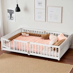 Mshliw Twin/Full/Queen Kids Floor Bed with Safety Guardrails & Door,Montessori Style Wooden Low Profile Platform Bed Frame for Toddlers, Kids Bedroom - 1 of 4