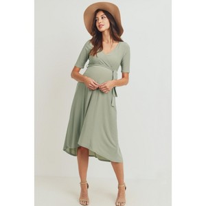 Hello Miz Women's Hi-Low Short Sleeve V Neck Maternity Wrap Dress with Belt - 1 of 4