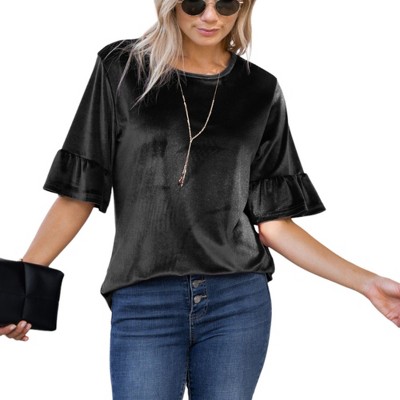 Amaryllis Women's Velvet Ruffle Sleeve Top Luxurious Soft Fabric Comfortable Relaxed Fit Stylish Versatile for Casual