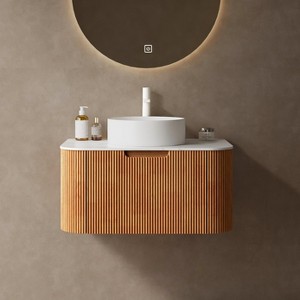 FAMYYT 30 in. Single Sink Floating Curved Edge Natural Bath Vanity with White Marble Top (Assembled), Round Sink - 1 of 4