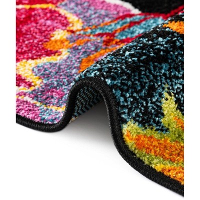 Black Floral Square Stain-Resistant Kids Rug