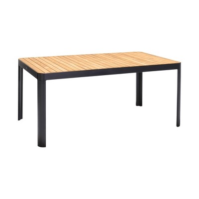 Portals Outdoor Rectangle Dining Table in Black Finish with Natural Teak Wood Top - Armen Living