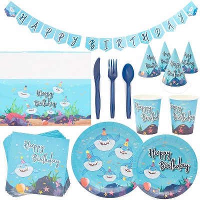 Blue Panda Shark Theme Party Supplies (Serves 24) Knives, Spoons, Forks, Paper Plates, Napkins, Cups, Table Cover, Banner