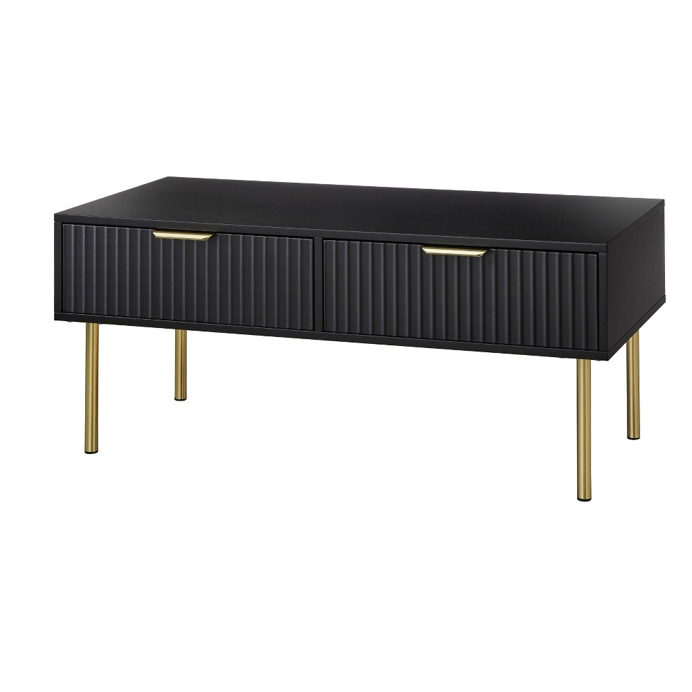 Lifestorey Russo Channel Front Coffee Table with 2 Drawers Black: Mid-Century Glam, Gold-Tone Metal