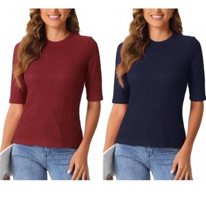INSPIRE CHIC Women's Crew Neck Ruched Solid Half Sleeve Basic Casual Top 2 Packs - 1 of 4