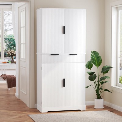 72" Pantry Storage Cabinet with Keyboard Drawers, Fluted Doors, Adjustable Shelves, Freestanding Cupboard for Kitchen,Living Room-The Pop Home