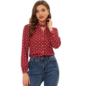 INSPIRE CHIC Women's Polka Dots Vintage Choker Neck Button Down Shirt - 1 of 4