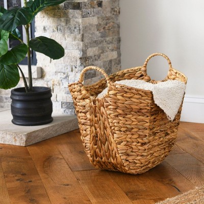Golden Toffee Water Hyacinth Round Wicker Basket with Metal Frame