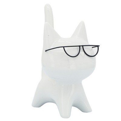 Sagebrook Home 8" Porcelain Kitten Statue - White Kitty with Glasses Decorative Sculpture - Contemporary Creative Home or Office Table or Desktop