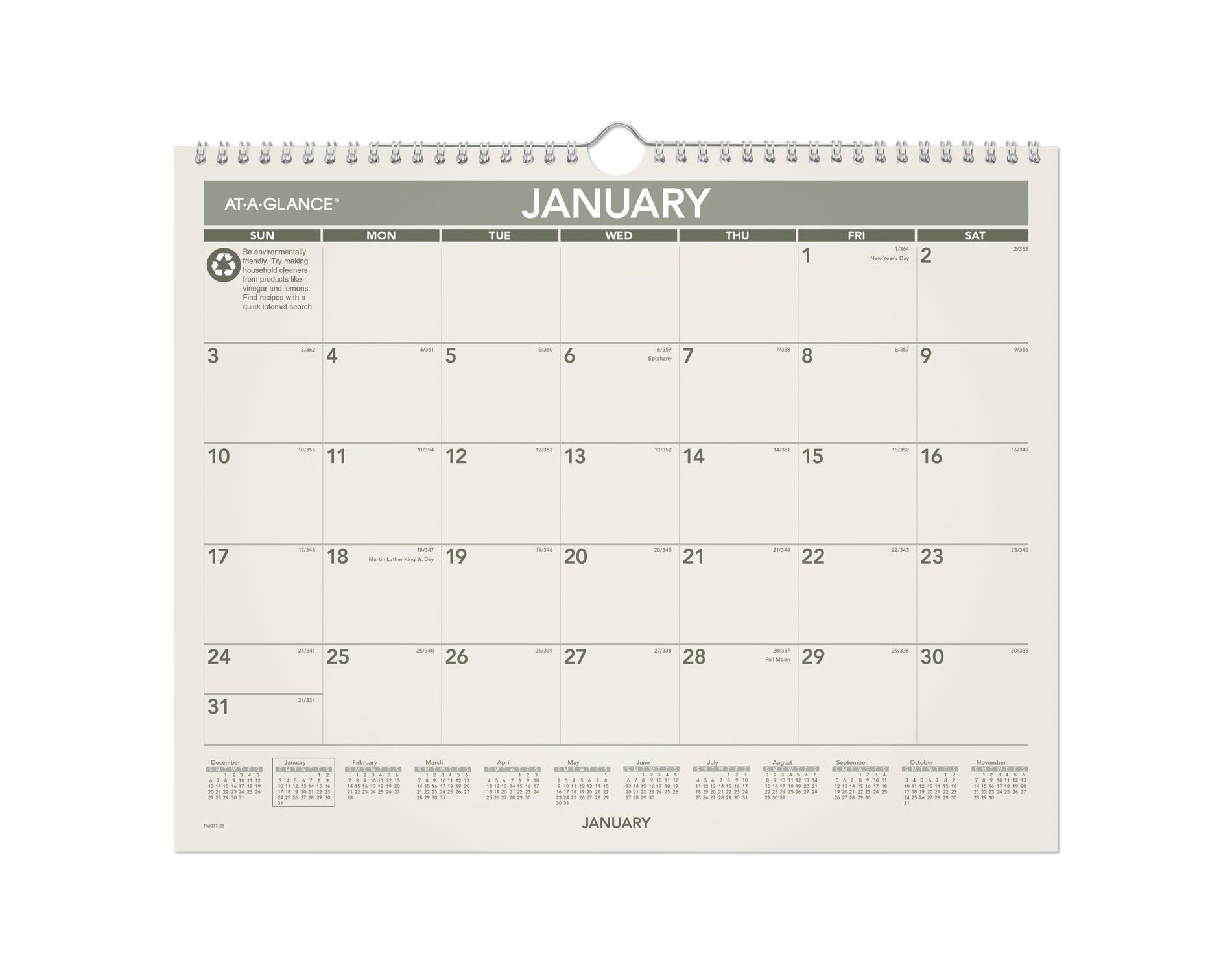 Recycled Wall Calendar, Unruled Blocks, 15 x 12, Sand/Green Sheets, 12-Month (Jan to Dec): 2026