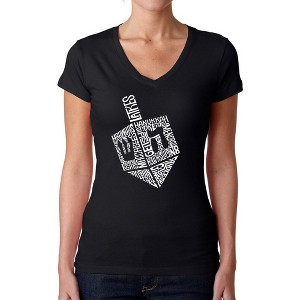 LA Pop Art Hanukkah Dreidel - Women's Word Art V-Neck T-Shirt Black Large - 1 of 4