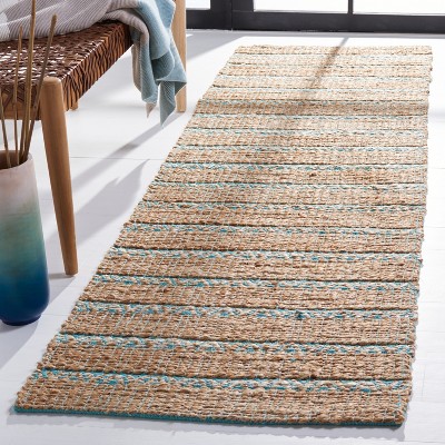 Teal and Natural Handwoven Cotton Jute Runner Rug