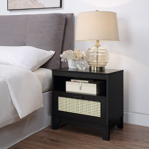 Sapphtopaz Modern Cane Nightstand with Drawer & Open Shelf Versatile Bedside Table with Wood Legs & Handle Side Table for Bedroom, Living Room - 1 of 4