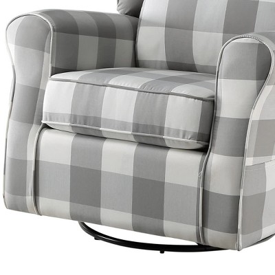 Gray Plaid Swivel Accent Chair with Wood Frame